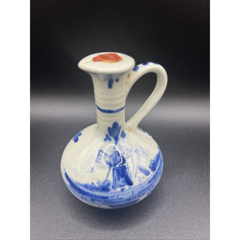 Miniature Delft Ceramic Hand Painted Pitching Jug w/ Handle -‎ 3.5" Tall